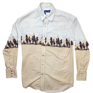 Wrangler Mens Western Snap Shirt Horse Graphic Tan Cream Cowboy Long Sleeve XL